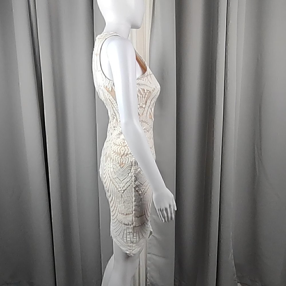 Tea & Cup Cream Bodycon Fitted & Lined Cotton Mini Dress. Size Small - Picture 3 of 13